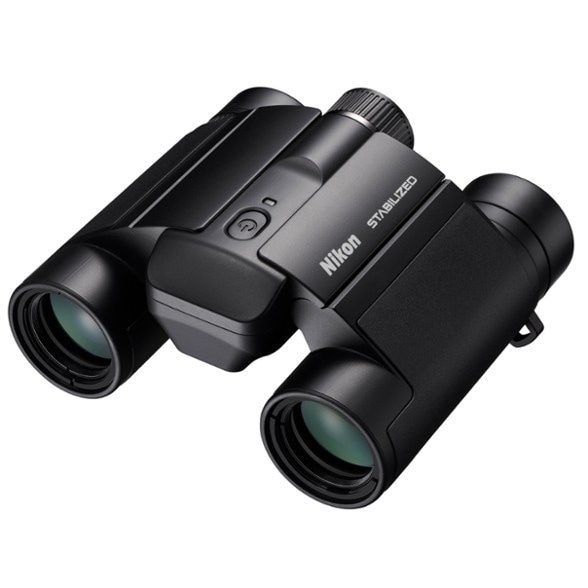 Angle view of Nikon compact stabilized binoculars showing outdoor use and wildlife observation.