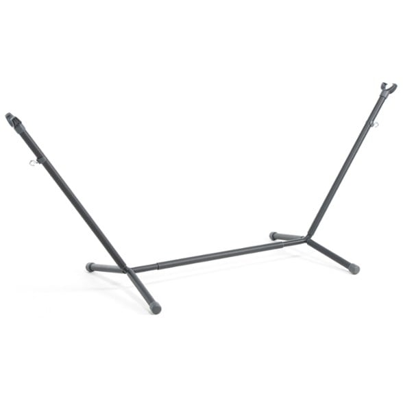 Parkway adjustable hammock stand set up in a backyard with a hammock attached.