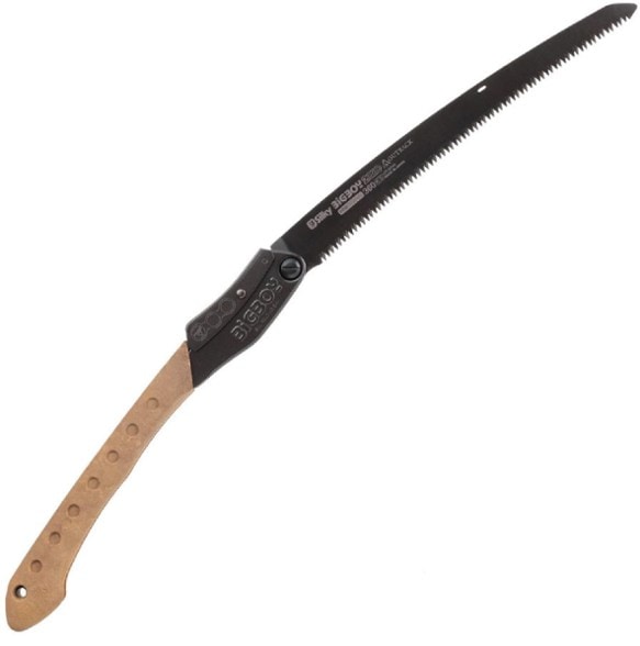Bigboy 2000 Outback Folding Saw shown cutting wood in a forest setting.