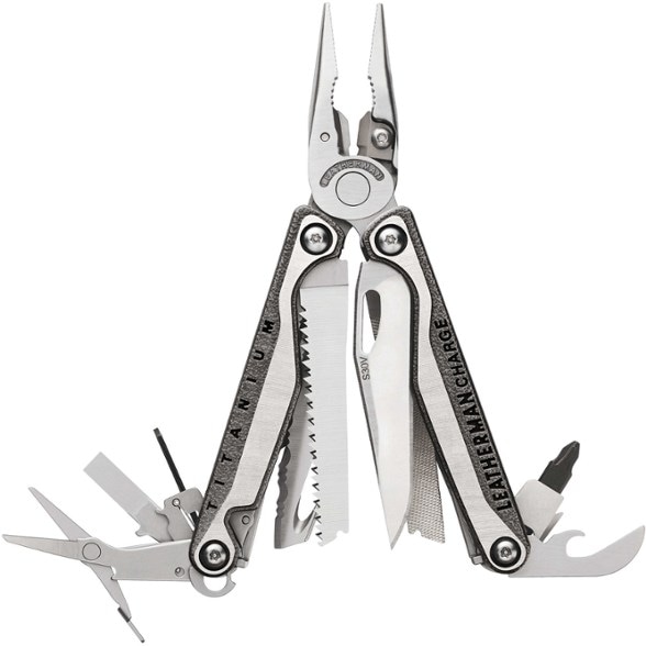 Close-up of the Charge TTi multi-tool open, showing titanium handle and serrated blade
