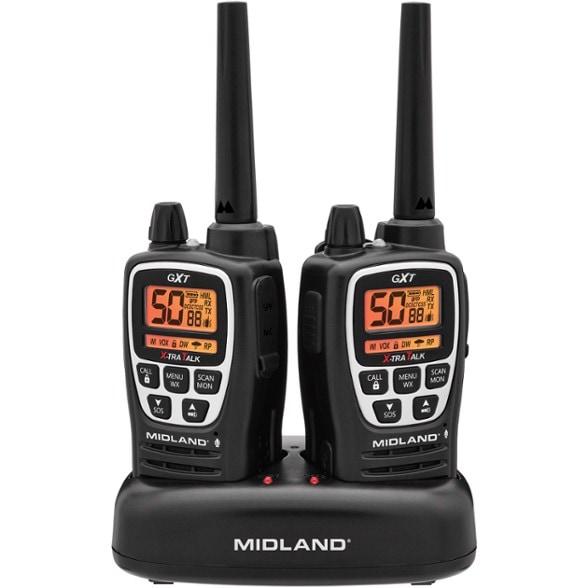 Midland GXT3000VP4 GMRS walkie talkies with flashlight feature for outdoor use.