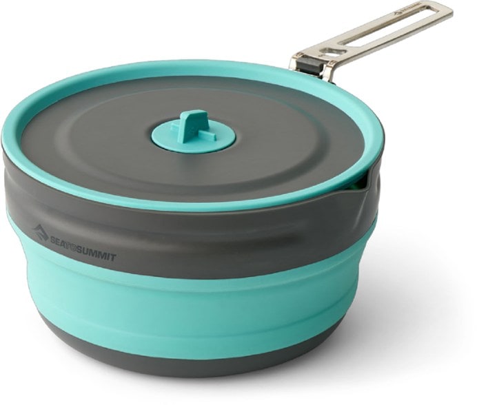 Frontier ultralight collapsible camping pot fully expanded with lid, perfect for backpacking cooking.