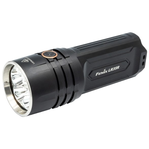 Fenix LR35R rechargeable flashlight showcasing its powerful beam in a dark outdoor setting.