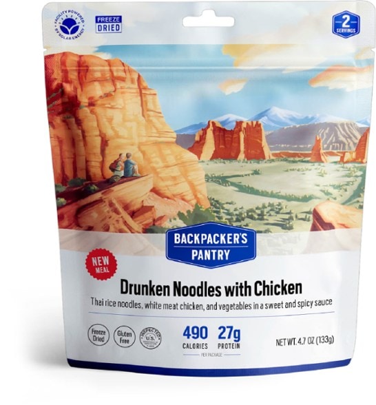 Close-up of cooked Trail Thai Chicken Noodle Bowl outdoors in camping gear — freeze-dried meals