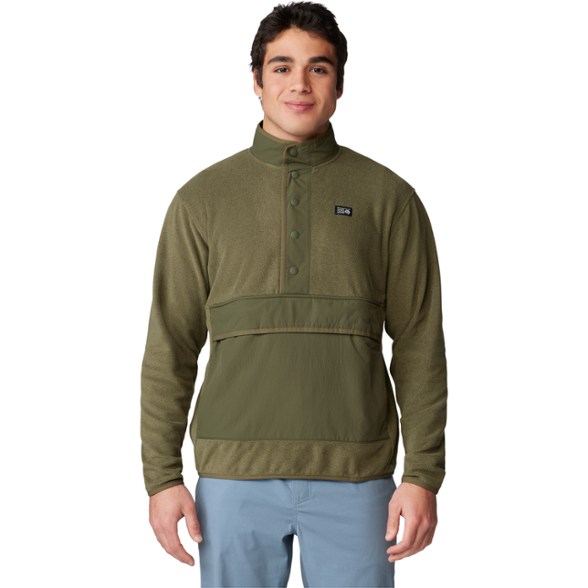 Men's Microchill Snap Fleece Pullover in action at a campsite