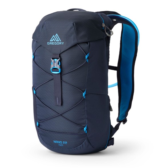 Close-up of Gregory Nano 22 H2O Plus Size hydration pack showing shoulder straps and reservoir.