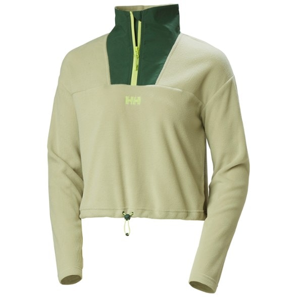 Side view of women's cropped fleece jacket in Polartec fabric showing zip detail and high collar.