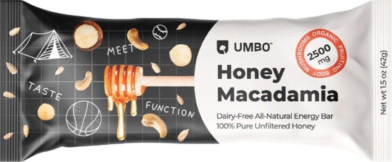 Energizing Mushroom Power Bar on a wooden table, showcasing its natural ingredients.