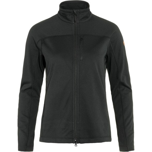 Front view of women's fleece jacket with zippered chest pocket and thumbholes
