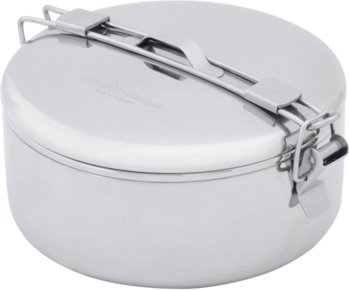 Close-up of the MSR Alpine Stowaway Pot highlighting its locking lid and stainless steel finish.