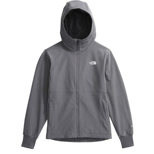 Front-facing view of the women's hoodie with secure zip pockets and wind-resistant shell.