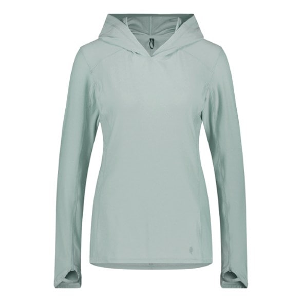 Front view of lightweight hoodie in royal blue with thumbholes, perfect for climbing and hiking