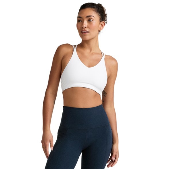 Front view of the crisscross back yoga bra showcasing the V-neck design.