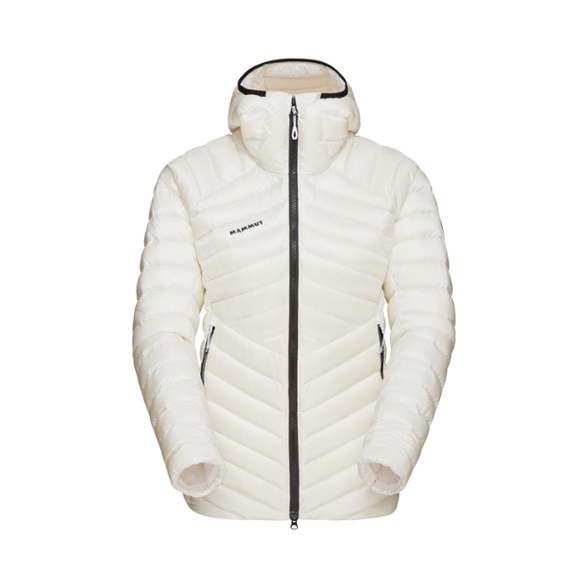 Front view of women's SummitShell down jacket in alpine blue, showcasing hood and zipper design