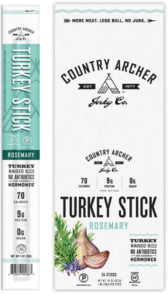Close-up of Rosemary Turkey Jerky Stick showing texture and packaging
