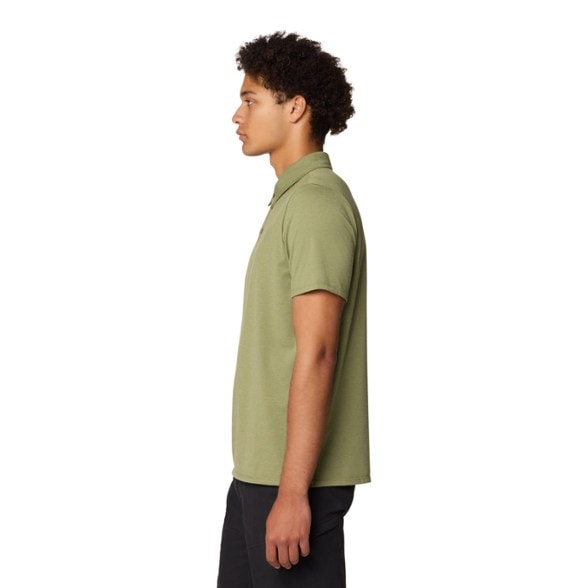 Men's moisture-wicking polo shirt shown from the front during a hiking trip.