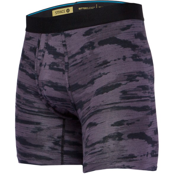 Front view of men's boxer briefs with side fly in camo print showing soft breathable fabric