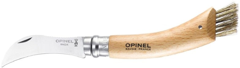Opinel No. 8 mushroom knife showing the curved blade and handle from a side angle.