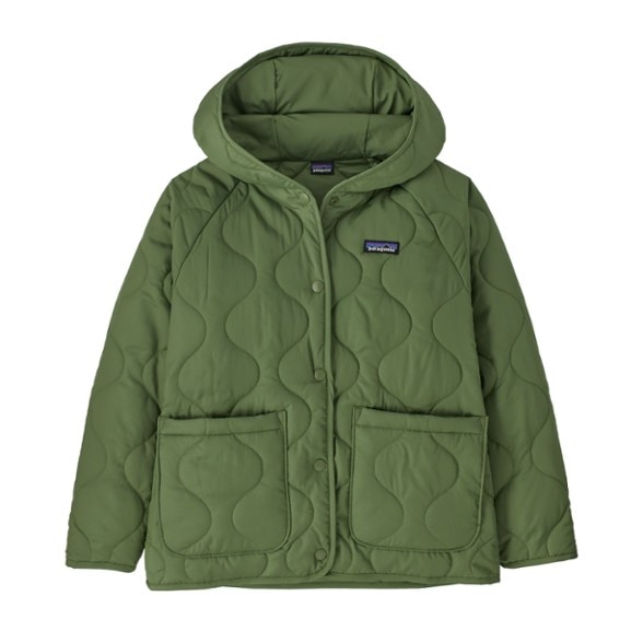 Front view of Patagonia kids' insulated puffer jacket showcasing its vibrant color and quilted design.