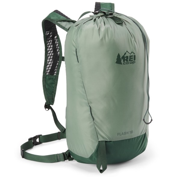 Front view of TrailLite 18L lightweight backpack showing compact design and hydration hose port