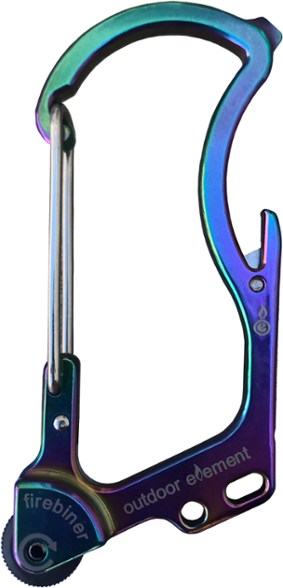 Firebiner Pro multi-tool carabiner showing the titanium-coated stainless steel finish and spark wheel fire starter