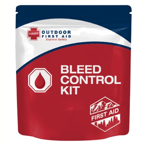 Top view of compact outdoor first aid kit for bleeding with Israeli bandage and trauma dressings visible inside pouch