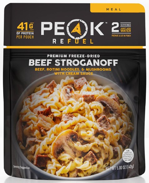 Peak Refuel Beef Stroganoff ready to eat on a camping trip, showcasing its hearty texture.