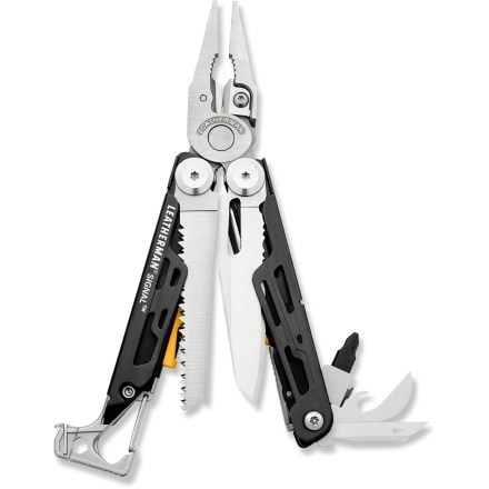 Angle view of the Survival Signal Multi-Tool showcasing its sharp blade and pliers.