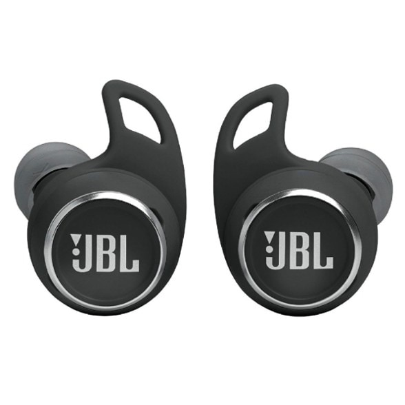 JBL Reflect Aero Pro wireless earbuds showing secure fit with POWERFINS during an outdoor run