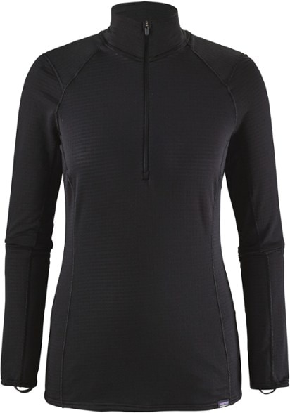 Front view of Patagonia Capilene thermal underwear zip neck top for women, highlighting breathable fabric and zipper detail