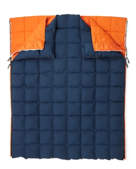 Cozy Duo Double Sleeping Bag displayed in a tent, showcasing its spacious design for two sleepers.