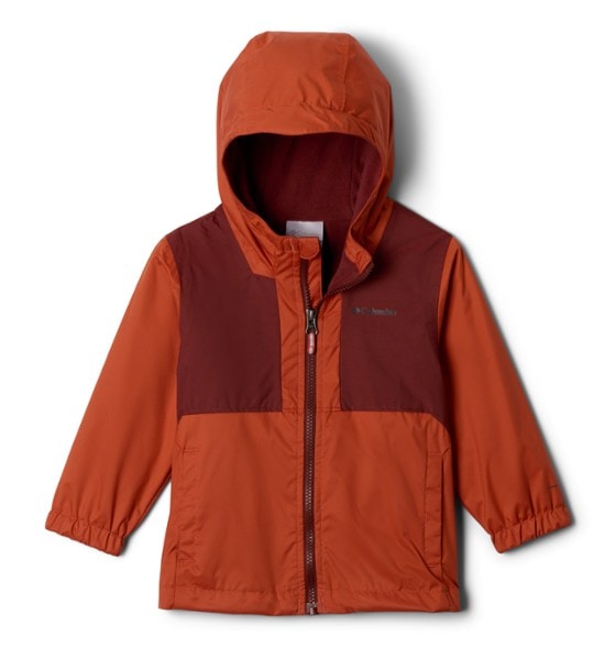 Columbia boys' waterproof fleece jacket showing the adjustable hood and zipper pockets
