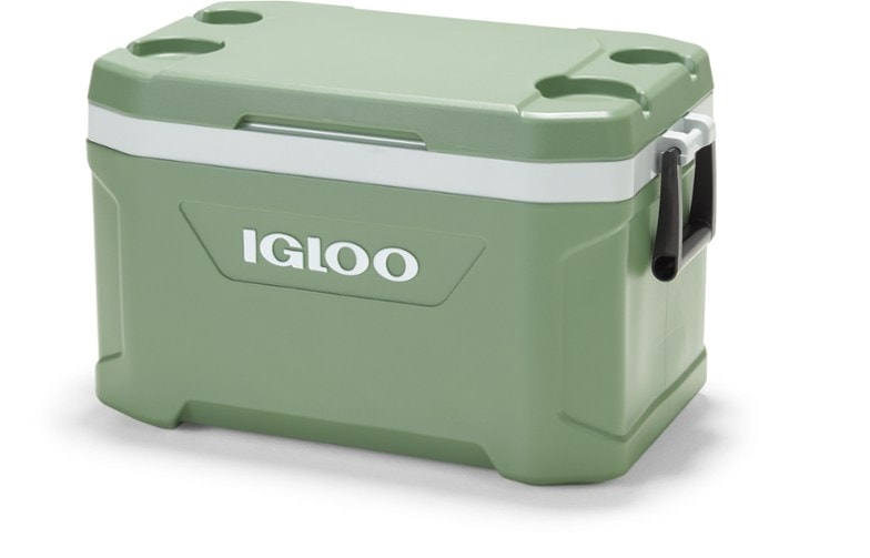 Eco-friendly portable cooler with cup holders, perfect for camping trips, showing the exterior design.