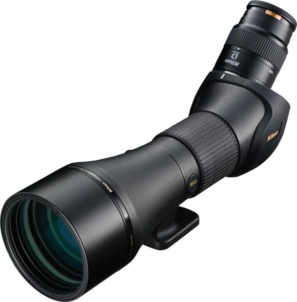Side angle view of Nikon Monarch Pro spotting scope showing durable aluminum body and focus ring, ideal for birding scope use