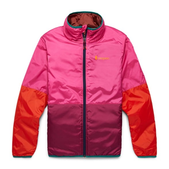 Front view of the reversible hiking jacket showing zip pockets and bright colorway