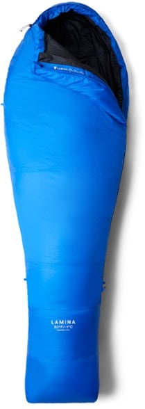 Side view of LaminaLite 30 lightweight sleeping bag showing insulated hood and mummy shape
