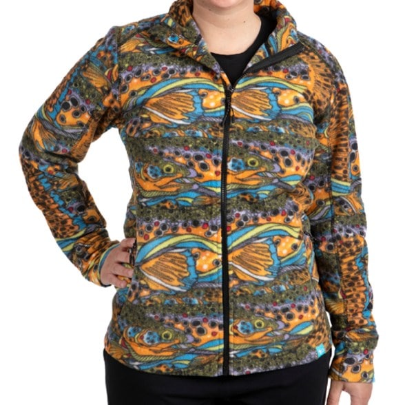 Front view of women's full-zip fleece jacket with secure zippered pockets and cozy stand collar