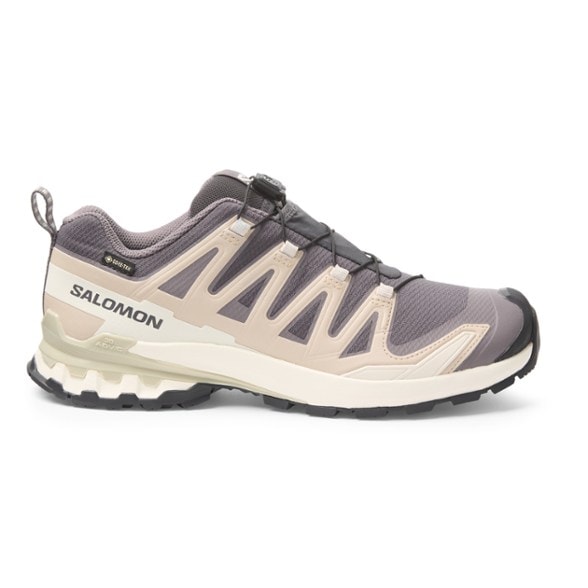 Side view of Salomon XA Pro 3D V9 GORE-TEX shoes on rocky trail highlighting reinforced toe cap and rugged outsole
