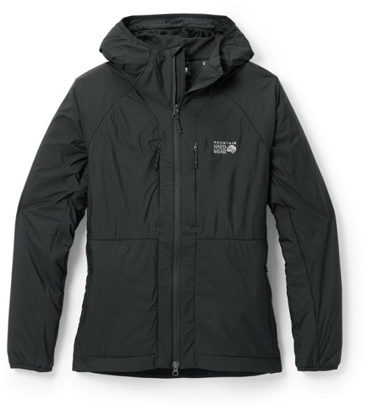Front view of Mountain Hardwear Women's Cozy Insulated Hoodie in action during a hike.