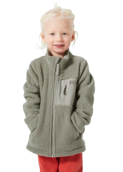 Front view of eco-friendly fleece jacket for toddlers, showcasing pockets and zipper.