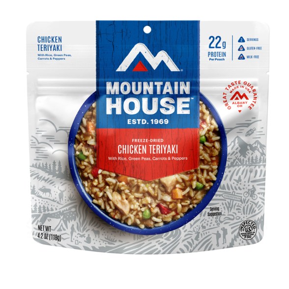 Close-up of freeze dried chicken teriyaki meal with rice in a durable camping pouch