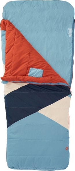 Top view of Marmot Idlewild 30 sleeping bag laid out in a tent, showing its rectangular shape and spacious design.