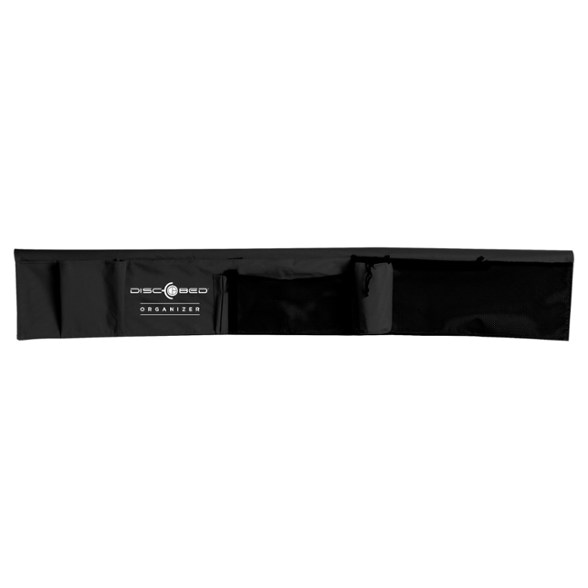 Side view of the Disc-O-Bed Elite camping side storage organizer attached to an adult bunk bed showing multiple pockets filled with camping gear