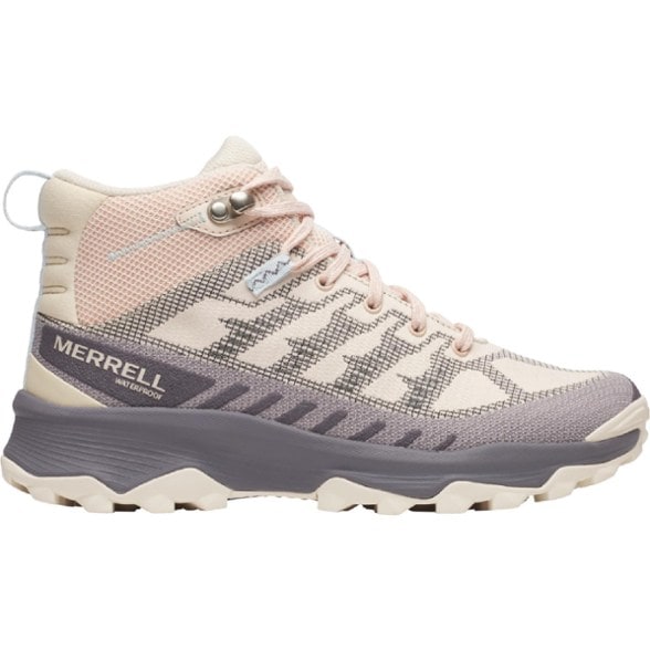 Merrell women's eco-friendly waterproof hiking boots showcasing the recycled jacquard upper from a side angle.