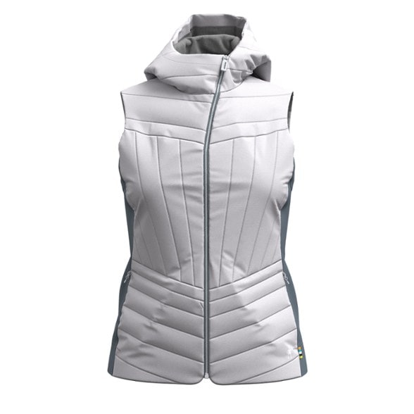 EcoSmart Women's Insulated Vest displayed on a model in a forest setting, highlighting its water-repellent qualities.