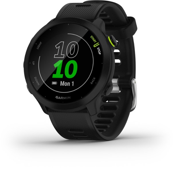 Garmin Forerunner 55 GPS running watch front view with wrist strap.