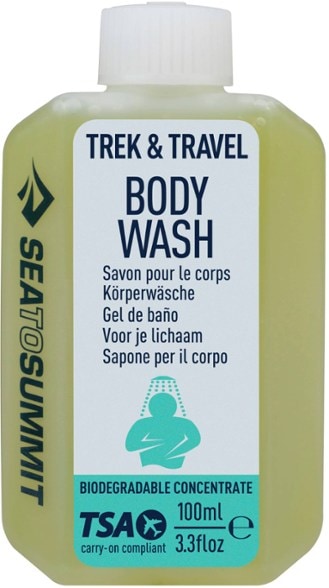 Trek & Travel EcoClean biodegradable body wash in compact 3.3 fl oz bottle, perfect for travel toiletries