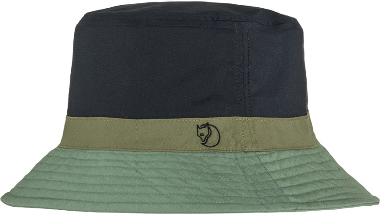 Side view of reversible bucket hat showing color-block design and sun protection brim