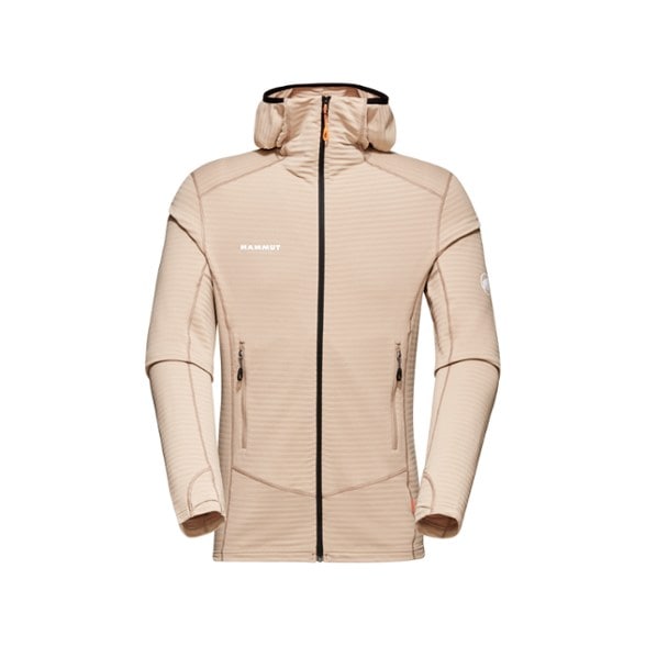 Front view of men's hooded outdoor jacket with thumbholes, showcasing breathable stretch fleece fabric
