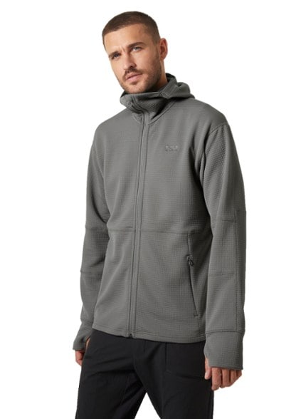 Front view of men's mid layer jacket with hood and high collar, ideal for winter outings
